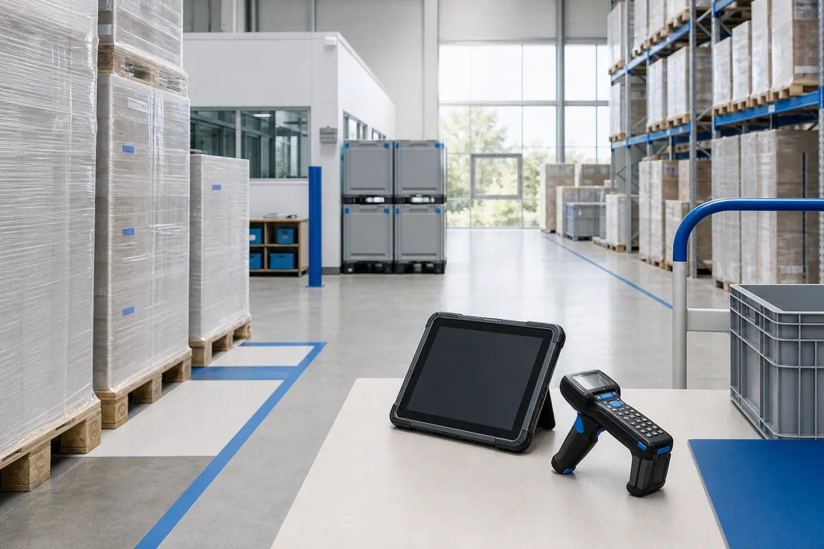 Menschenfreies Lager mit Paletten, Scanner und mobilem Erfassungsgeraet