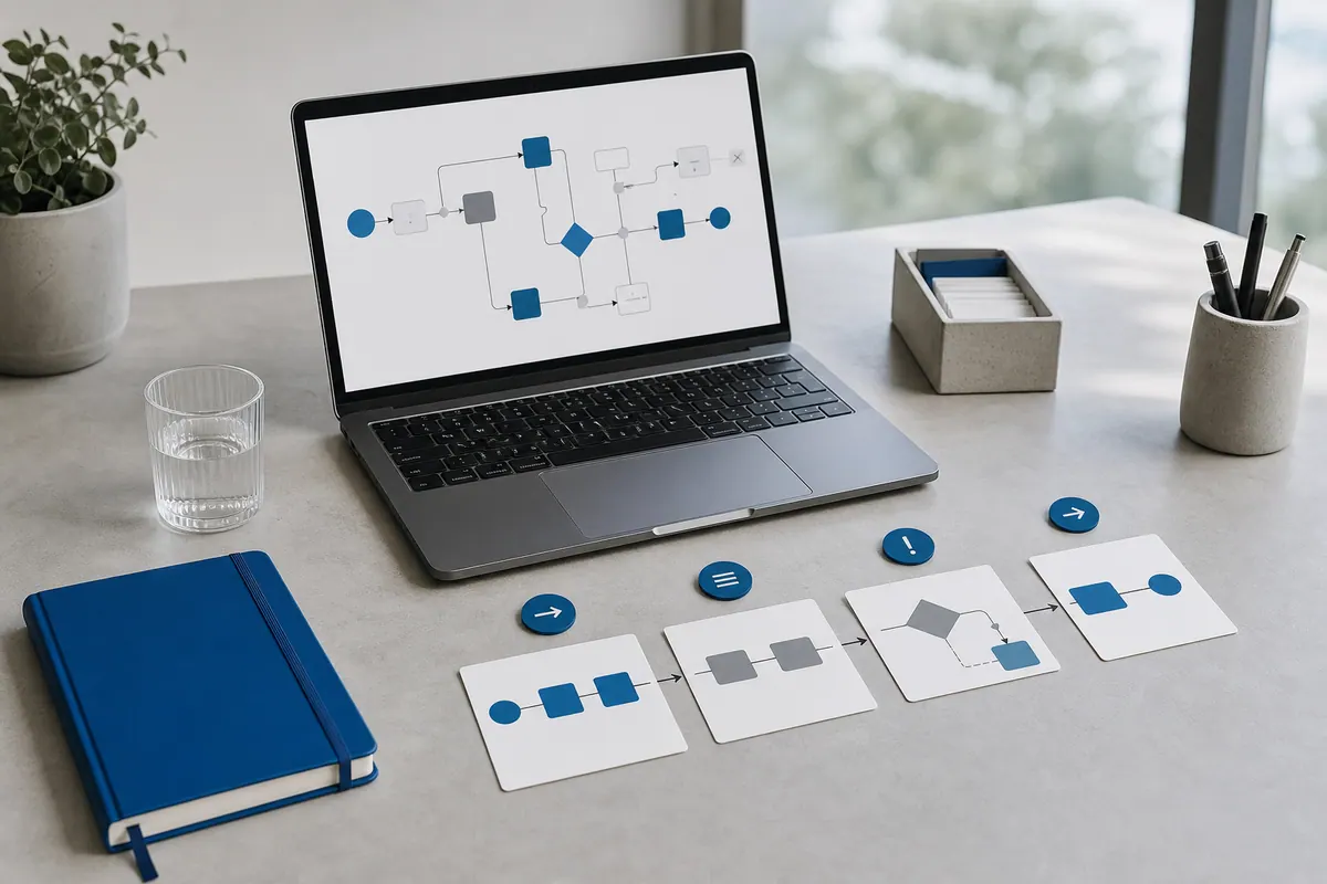 Menschenfreier Arbeitsplatz mit digitalem Automatisierungsablauf und Prozesskarten