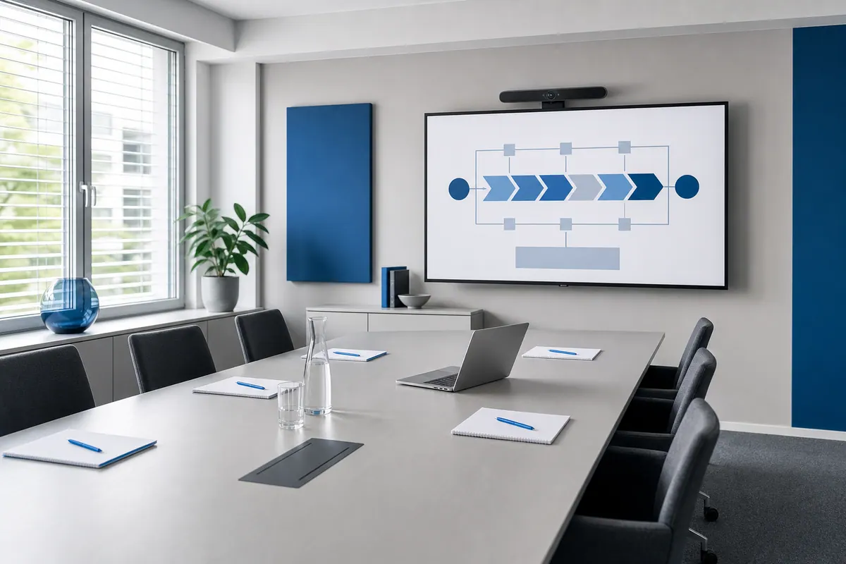 Prepared people-free training room with a process diagram